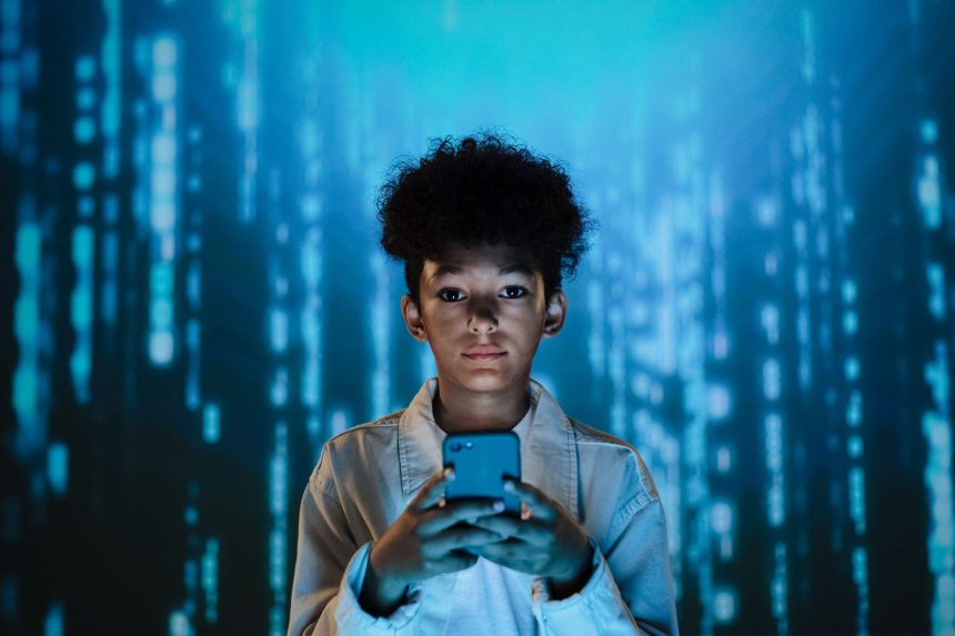 Adolescente segura um smartphone diante de um cenário digital futurista.