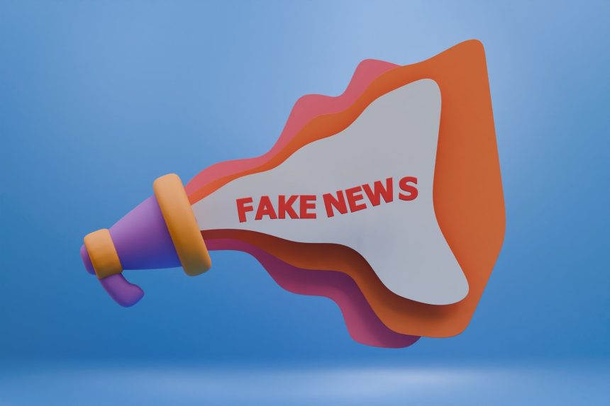 Ilustração 3D de um megafone colorido com a expressão “Fake News”, representando a propagação de desinformação.
