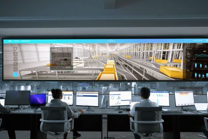 Profissionais monitoram sistemas e painéis digitais em uma moderna central de controle.