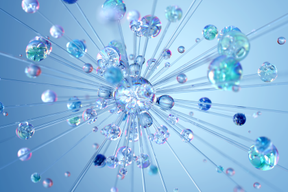Ilustração digital abstrata de redes neurais e tecnologia de inteligência artificial em tons luminosos.