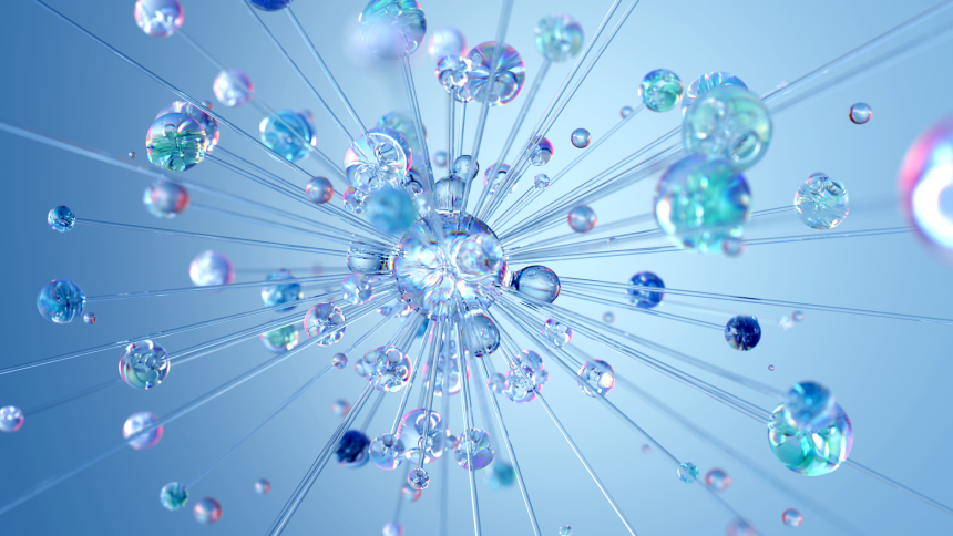 Ilustração digital abstrata de redes neurais e tecnologia de inteligência artificial em tons luminosos.